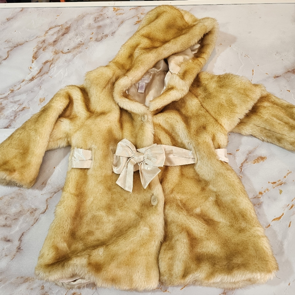 Y2K Princess Posh Faux Fur Hooded Coat | Toddler/Little Girl | Bow Belt | Tan 3T